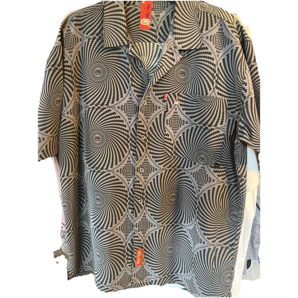Marc Ecko Shirt Mens L Black White Geometric Paisley Button Double Needlework SS